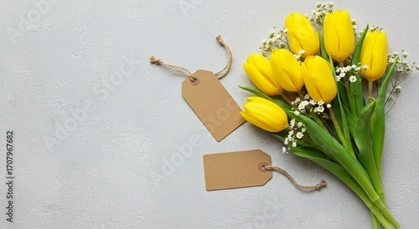 Fototapeta Bright yellow tulips paired with delicate white baby's breath, alongside blank rustic tags on a serene gray backdrop create a gentle scene.