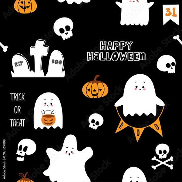 Fototapeta Seamless spooky pattern with cute ghosts, pumpkins, skulls, bones, graves, and small quotes on black. Perfect repeat for fabric, wrapping, wallpaper, and paper goods.