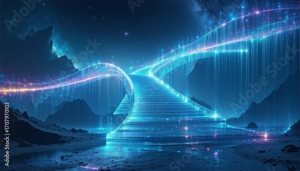 Fototapeta Holographic Bridge Constructed From Floating Segments of Light