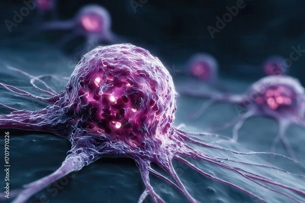 Fototapeta Close-up conceptual representation of abnormal cancer cell, spreading with glowing pink core and microscopic detail, medical illustration