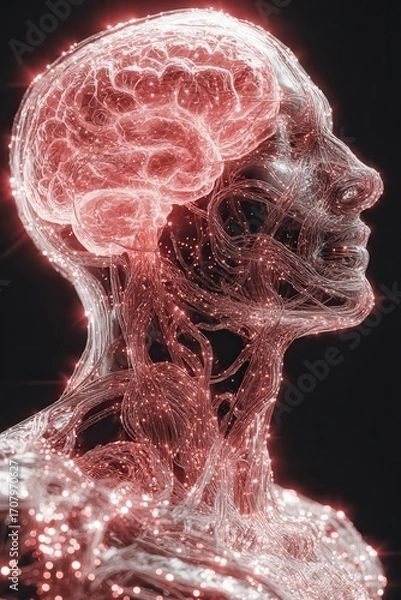 Fototapeta Anxiety Neural Close‑Up: Luminous fiber network forms a human head in profile as the brain glows red and threads pulse, suggesting mounting stress and nervous system overload in a minimal setting.
