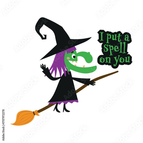 Fototapeta Playful witch on a broom with bright “I put a spell on you” text. Fun spooky statement for shirts, mugs, stickers, posters, and party decor.
