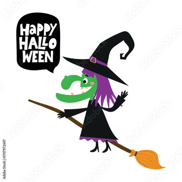 Fototapeta Smiling witch gliding on a broom with a “Happy Halloween” speech bubble. Cheerful spooky graphic for apparel, cards, posters, and decor.
