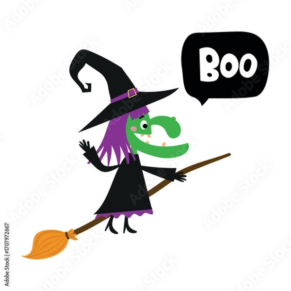 Fototapeta Friendly witch on a broom with a “Boo” speech bubble. Fun, high-contrast Halloween design for shirts, stickers, cards, and party pieces.