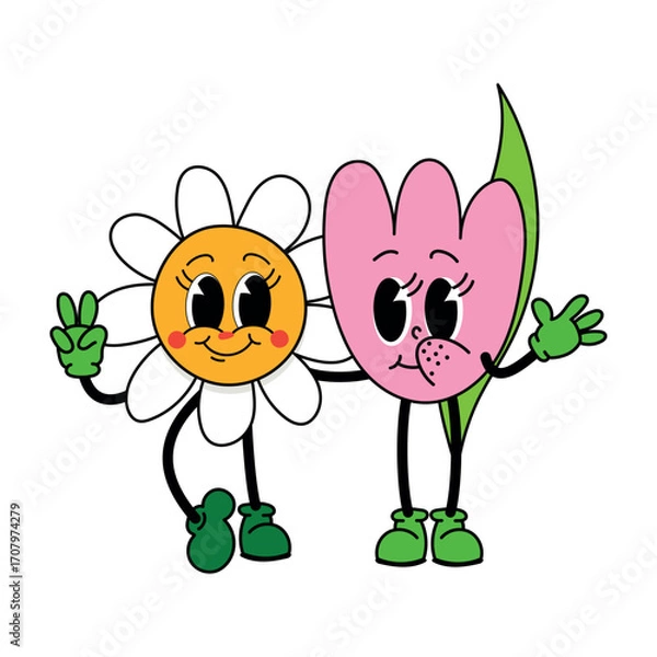 Fototapeta Cute daisy and tulip holding hands with happy faces; playful botanical duo for kids’ designs, stickers, apparel, and classroom decor.