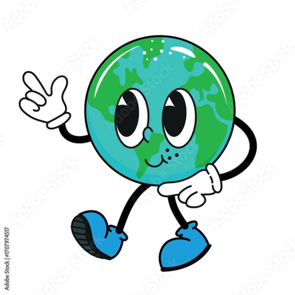 Fototapeta Happy globe character waving while walking; playful eco design for Earth Day, schools, and sustainability content.