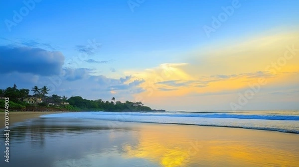 Fototapeta sand. A breathtaking tropical beach sunset with vibrant clouds and golden reflections on the wet sand. inspiring travel planning, travel magazines, designed for outdoor magazines and nature guides.