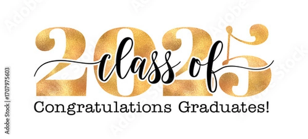 Fototapeta Stylish “Class of 2025” in gold script. Versatile graduation graphic for cards, banners, shirts, and party decor.