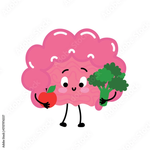 Fototapeta Happy intestine holding broccoli and an apple—plant-rich fiber nutrition theme.