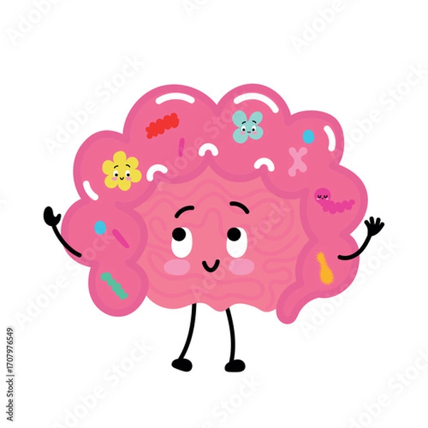 Fototapeta Smiling intestine decorated with colorful microbes—healthy gut flora concept.