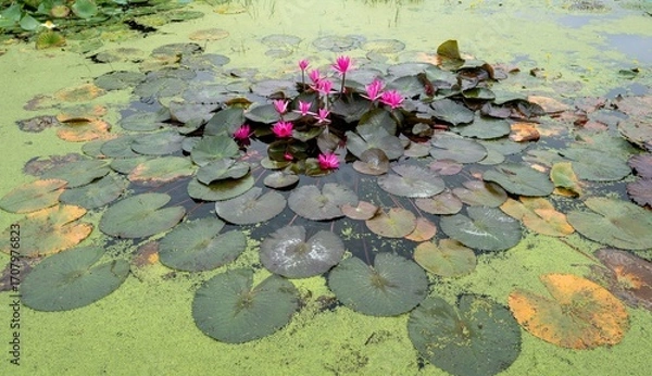 Fototapeta 연꽃이 핀 작은 연못에 녹색식물 개구리밥이 빽빽하게 자라고 있다.