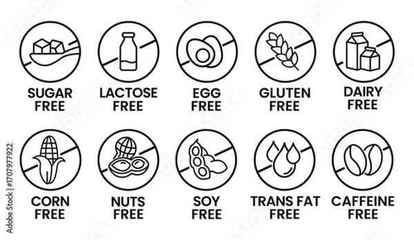 Fototapeta Set allergen free icons. Allergen free label products. Free lactose, gluten, sugar, corn, egg, trans fat, dairy, soy, nuts, caffeine, symbol, logo, badge, black, vector, isolated on white background. 