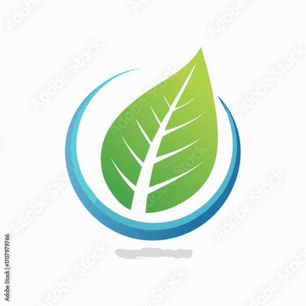 Fototapeta Abstract Green Leaf Within Blue Crescent: Environmental Icon for Natural Products