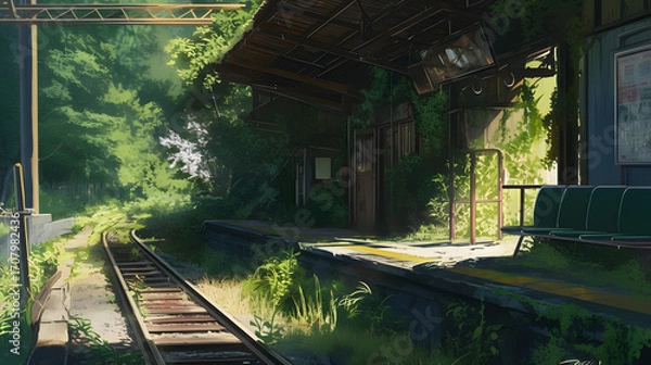 Fototapeta Overgrown Abandoned Train Station Platform with Lush Greenery, Illustrative Style, Depicting Nature Reclaiming Urban Space, Evoking a Sense of Decay and Serenity, Featuring Railway Tracks and Vintage
