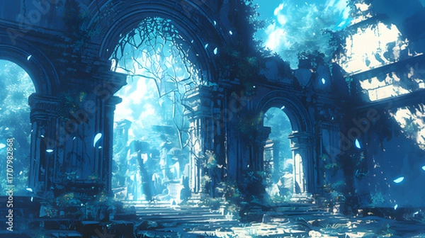 Fototapeta Mystical Ruins with Arches and Glowing Light: A Fantasy Landscape of Ancient Architecture, Overgrown with Vegetation, Bathed in Soft Blue Tones, Evoking a Sense of Wonder and Exploration, Perfect for