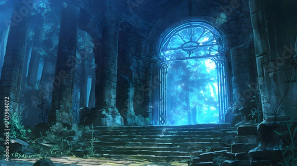 Fototapeta Mystical Ruins with Glowing Portal: Fantasy Landscape with Ancient Stone Architecture, Forest, and Magical Light, Creating a Dreamlike and Enchanting Atmosphere, Perfect for Fantasy 