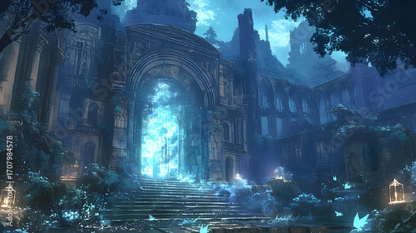 Fototapeta Mystical Ruins with Glowing Portal and Butterflies, Fantasy Landscape with Ancient Architecture, Blue Tones, Magical Atmosphere, Overgrown Structures, and Ethereal Light, Evoking a Sense of Wonder