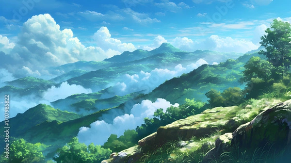 Fototapeta Serene Mountain Landscape with Rolling Hills, Lush Greenery, and Fluffy White Clouds in a Bright Blue Sky, Anime Style Scenery, Peaceful and Tranquil Nature Scene, Ideal for Backgrounds and Wallpapers