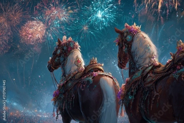 Fototapeta Two Decorated Horses Against A Fireworks Display
