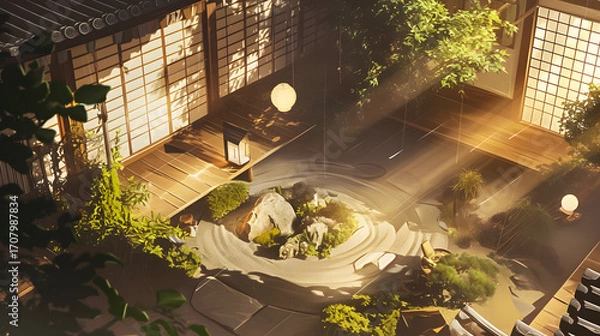 Fototapeta Zen Garden Serenity: A Tranquil Japanese Courtyard with Raked Sand, Lush Greenery, and Soft Light, Evoking Peace and Harmony in a Traditional Setting, Perfect for Meditation and Relaxation Imagery