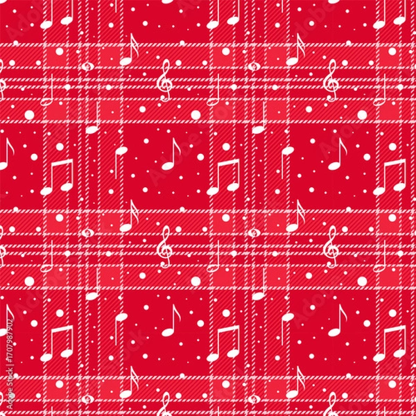 Fototapeta Plaid repeat pattern with twill weave in red with white snow and music notes.Christmas, winter tartan check seamless pattern.Vector illustration geometric background for fabric and prints.