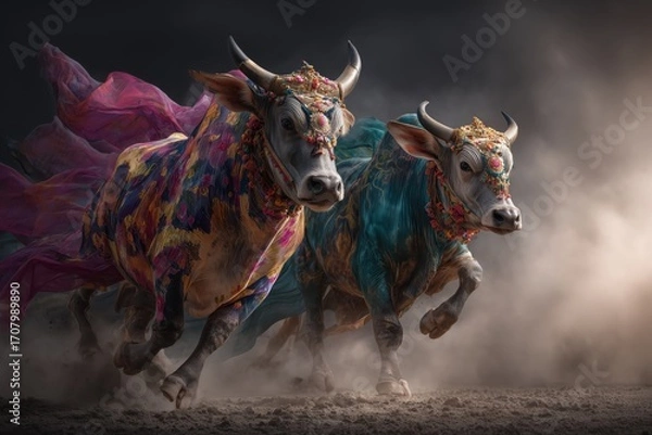 Fototapeta Two Ornate Bulls Running Through Dust