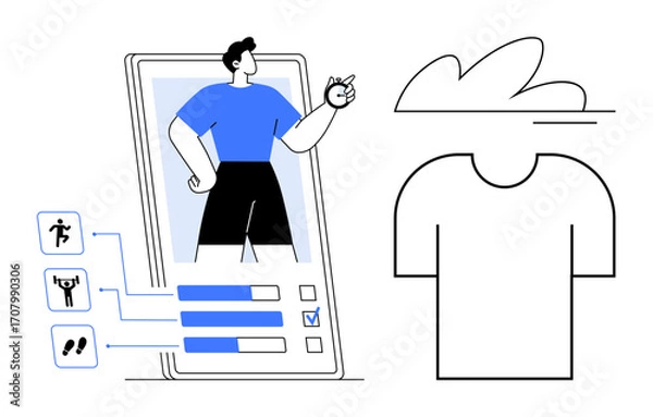 Fototapeta Man on fitness platform tracks workout progress with running, lifting, and tracking options. Abstract T-shirt outlines suggest planning. Ideal for fitness, apps, design, health, activity planning