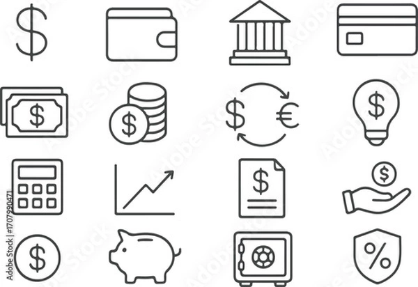 Fototapeta Finance line icon set. Vector pictograms of money, wallet, banking tools, currency symbols, investment chart, financial services, piggy bank, dollar thin linear illustration