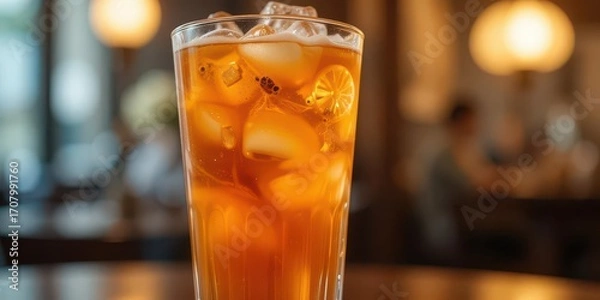 Fototapeta A translucent tumbler of Thai Tea, capturing the essence of Bangkok street food culture, in a vibrant display of layered colors and refreshing flavors.