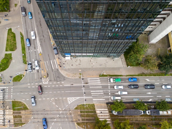 Obraz Aerial view of city roads and trams, intersection in Wroclaw