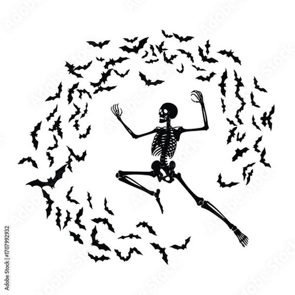 Fototapeta A black skeleton in a dynamic, dancing pose is surrounded by a swirling vortex of flying bats on a white background.
