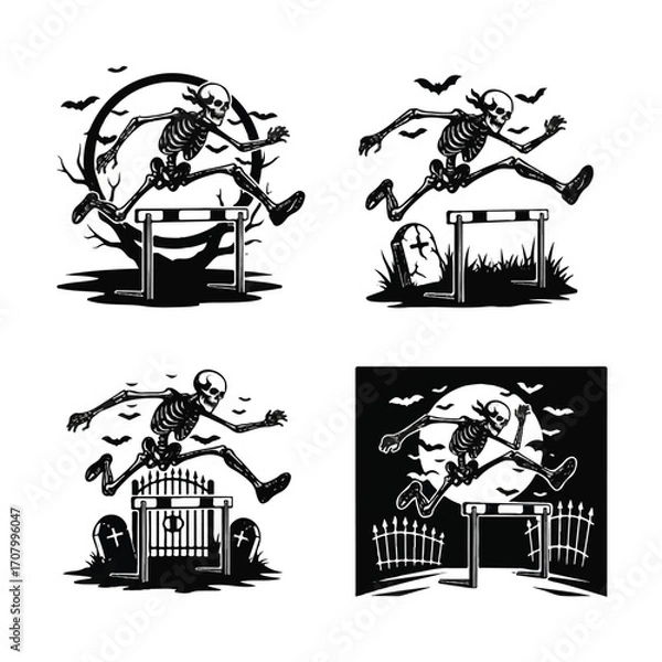 Fototapeta Four black and white illustrations of skeletons jumping over hurdles, with a Halloween theme.