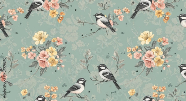 Fototapeta Delicate Bird and Floral Pattern on Teal Background with Watercolor Style for Textile Design and Wallpaper Featuring Songbirds Perched Among Blooming Branches