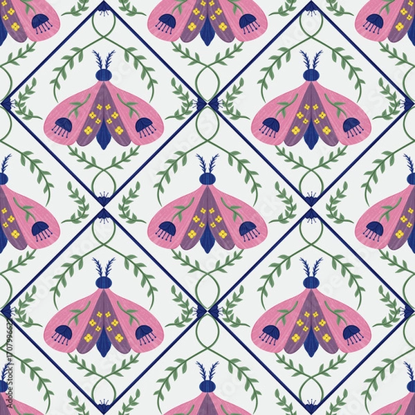 Fototapeta Seamless folk moth pattern with geometric diamond frame, floral branches and boho vintage inspired surface design