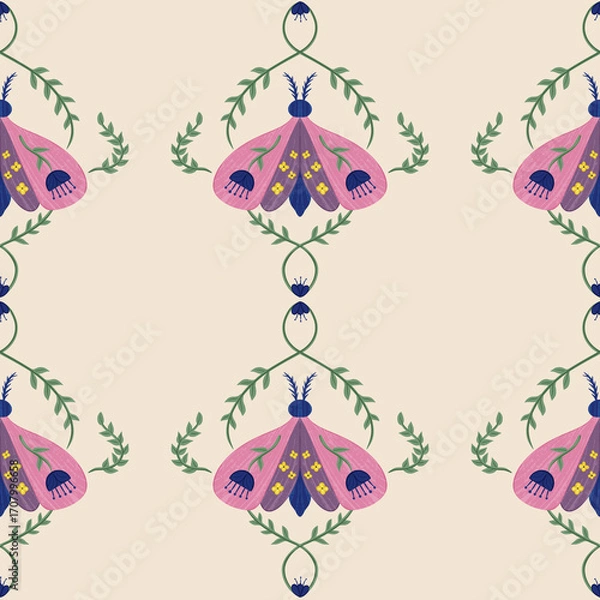 Fototapeta Decorative folk art moth seamless pattern with botanical branches and floral elements in modern boho style