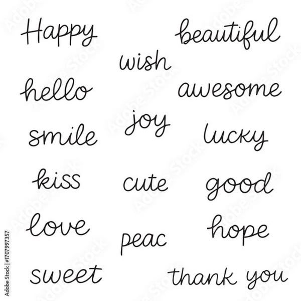 Fototapeta Vector illustration with different important inscriptions in decorative style. Lettering on white background.