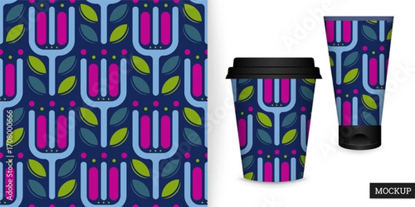 Fototapeta Seamless floral pattern with abstract tulips and leaves in bright pink, blue and green colors on a dark background. Vector design for printing on fabric, wallpaper, wrapping paper and textiles. Mockup