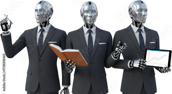 Fototapeta Three silver robots in suits hold a pen book and tablet displaying charts isolate android artificial intelligence