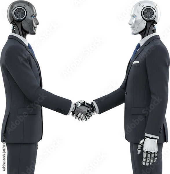Fototapeta Two robots in suits shaking hands one with a metallic grey head the other with a white head handshake transparent background