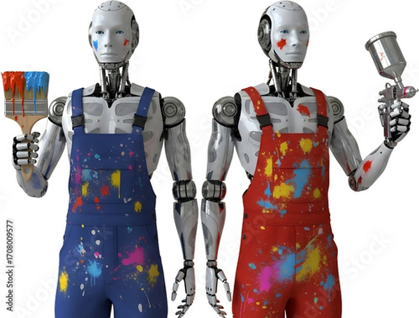 Fototapeta Two robots in paint splattered overalls holding painting tools isolate android artist creative technology