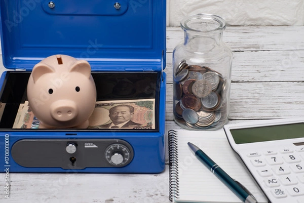 Fototapeta 手提げ金庫と豚の貯金箱と瓶に入った小銭と電卓