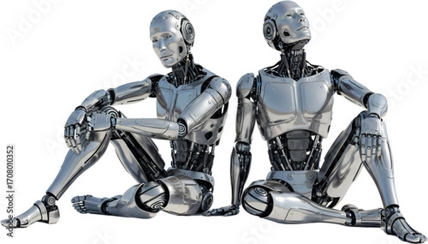 Fototapeta Two detailed humanoid robots sitting one looking up chrome finish metallic joints isolate android futuristic