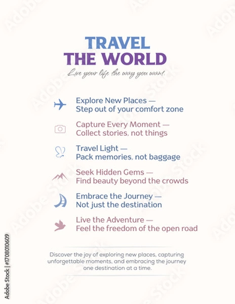 Fototapeta Minimalist pastel-themed travel quote poster featuring motivational text and soft colors, designed as a clean background for social media, prints, or wall decor.