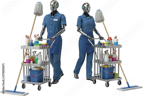 Fototapeta Two robots in blue uniforms with aprons push cleaning carts equipped with mops sprays and buckets Maid