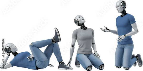 Fototapeta Humanoid robots in casual attire posing and interacting isolate android artificial intelligence technology