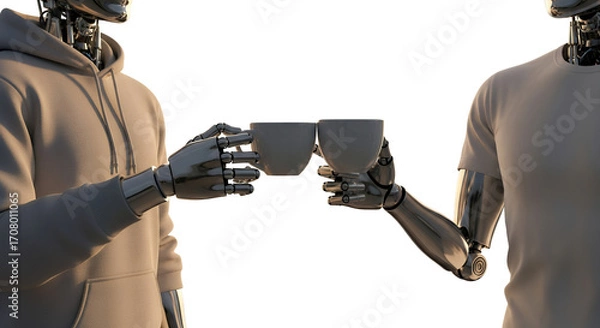 Fototapeta Two robots with metallic hands clink cups one wearing a hoodie and the other a t shirt isolated android