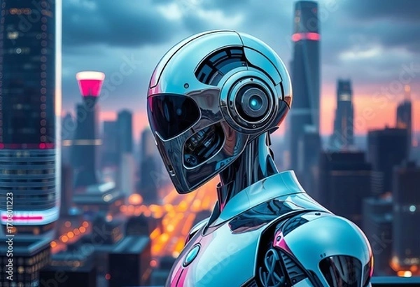 Fototapeta Sleek chrome robot against futuristic cityscape backdrop,  digital,   gear