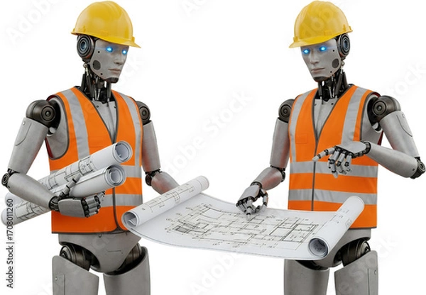 Fototapeta Two construction robots wearing hard hats and safety vests review blueprints isolate engineers architecture