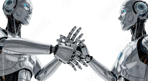 Fototapeta Two humanoid robots shaking hands with metallic bodies and blue glowing eyes android technology future transparent background