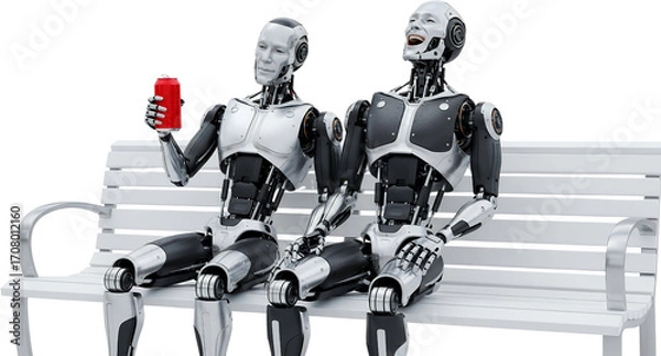 Fototapeta Two robots with metallic bodies sitting on a white bench one holding a red can isolate android cyborg